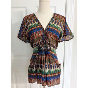 ARYN K Women’s 100% Silk Blouse Flutter Geometric Colorful Festival Aztec Sz S